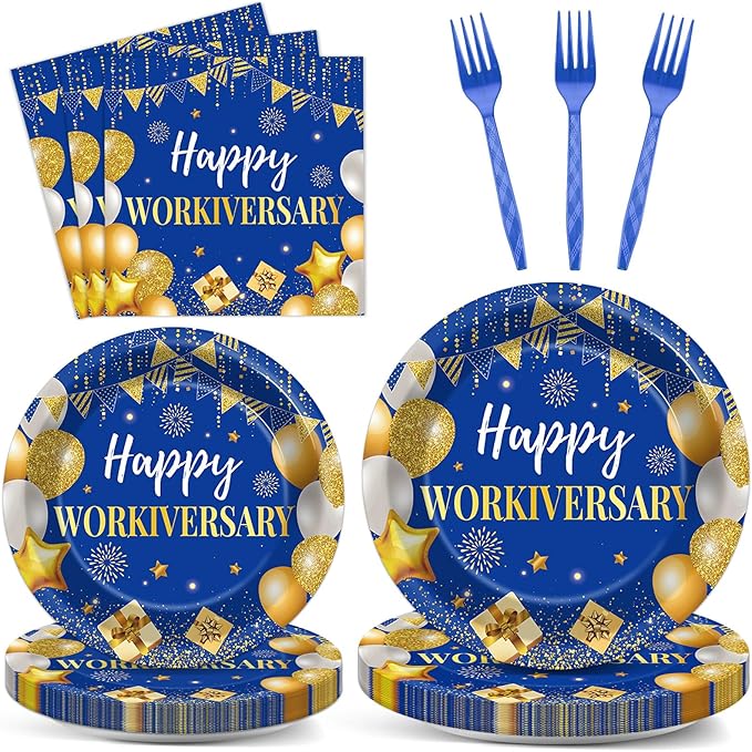 96Pcs Happy Work Anniversary Party Supplies Blue Gold Happy Workiversary Tableware Dinnerware Set Worker Appreciation Plates Napkins Decorations for Women Men Office Employee Worker