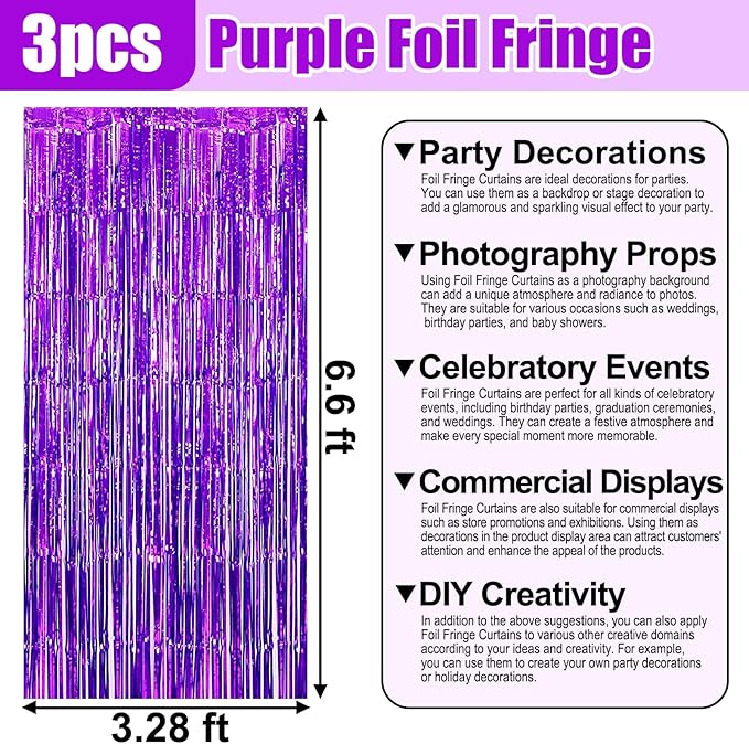 3 Pack Purple Foil Fringe Curtain Backdrop, 3.28Ft x 6.6Ft Metallic Tinsel Foil Fringe Streamer Curtains for Photo Booth, Christmas Day, Thanksgiving, Wedding, New Year Party Decorations