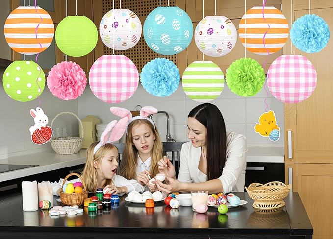 16pcs Easter Party Hanging Decorations – Pastel Paper Lanterns and Pom Poms Set for Classroom, Birthday Supplies, Egg Hunt, Indoor Home Spring Decor