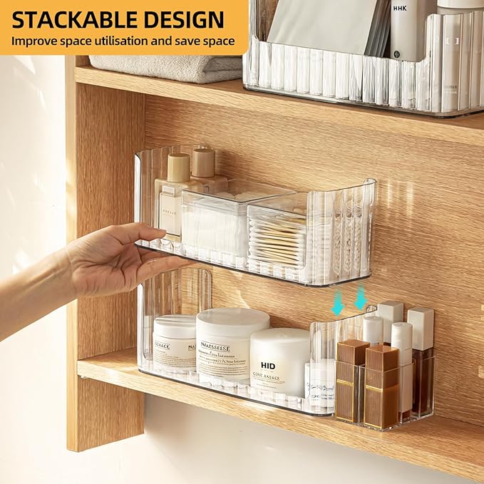 2-Tier Stackable Medicine Cabinet Organizer, Narrow Bathroom Makeup Organizer with Lipstick Holders & Cotton Swab Cases, Clear Countertop Shelf for Mirror Cabinet and Vanity