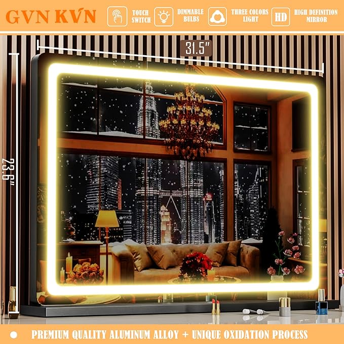 Makeup Vanity Mirror with Lights 32" x 24" Large LED Makeup Mirror, Light up Mirror with 10X Magnification and USB Charging Port, with Dimmable 3 Modes, Touch Screen Control Round Black