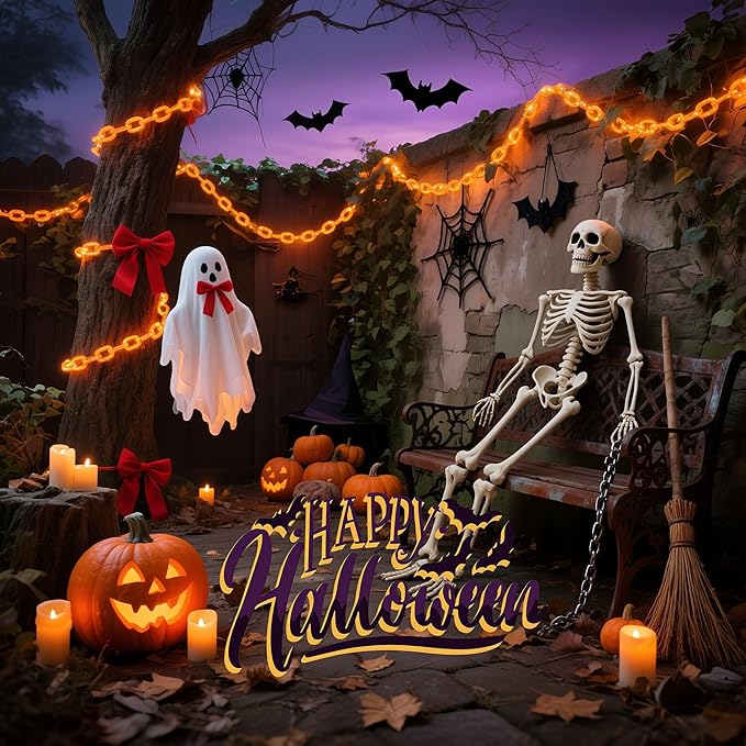 Halloween string lights,Hopolon 13.7Ft 175LED Halloween Decorations Chain Lights Outdoor/Indoor Plastic Orange Light Battery USB with Waterproof, 8Modes&Timer for Home Garden Patio Porch Spooky Decor