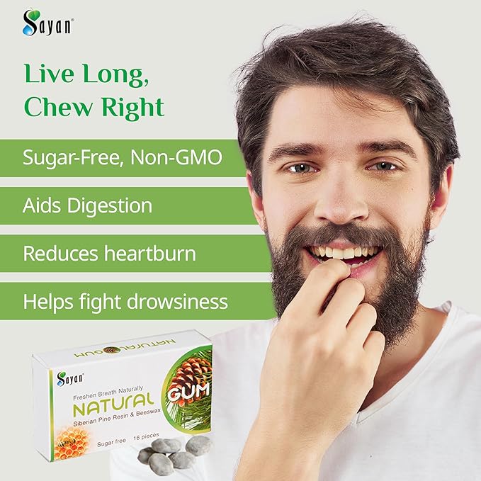 Sayan Sugar Free All Natural Gum, Siberian Pine Tree Resin and Beeswax Chewing Gum for Fresh Breath, Vegetarian, Non-GMO, No Sugar, Gluten Free, Aspartame Free, No Preservatives - 1 Pack (16 Pieces)