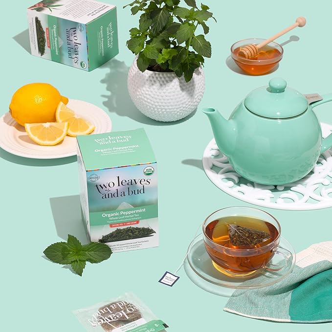 Two Leaves and a Bud Organic Peppermint Tea Bags, Naturally Caffeine Free, Herbal Whole Leaf Peppermint Tea, 15 Count (Pack of 6)