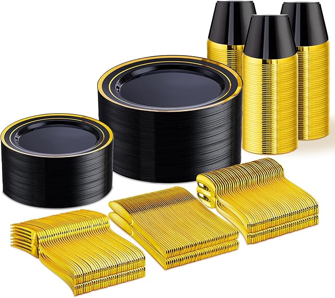 WELLIFE 300 PCS Black and Gold Dinnerware Set for 50 Guests, Disposable Plastic Plates for Party, Gold rimmed Plastic Dinner Plates,Salad Plates,Cups,Silverware Set for Halloween Party Supplies