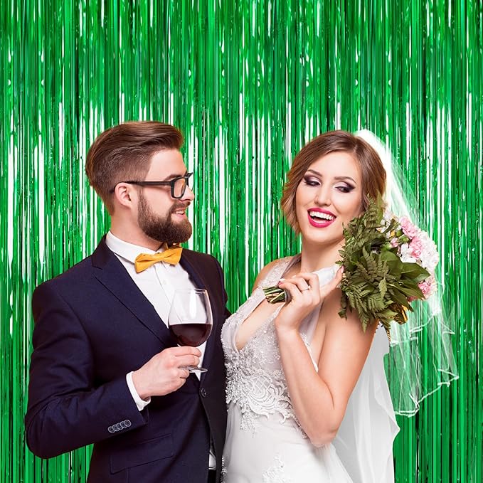 2Pack Foil Curtain Backdrop Green Metallic Tinsel Foil Fringe Curtains Photo Booth Props for Birthday Wedding Engagement Baby Shower Bachelorette St Patrick's Day Xmas Graduation Football Party Decors