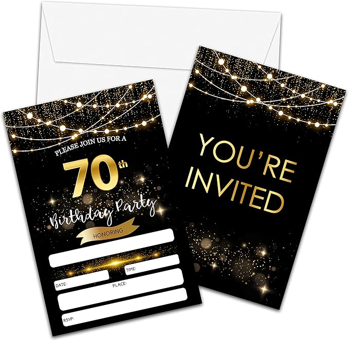 70th Birthday Invitations with Envelopes - Black Gold Glitter Fill-in Invites Cards - Surprise Birthday Party Invitation Card for Him/Her - Adults Birthday Party Favors Supplies Decorations (20 Pack)