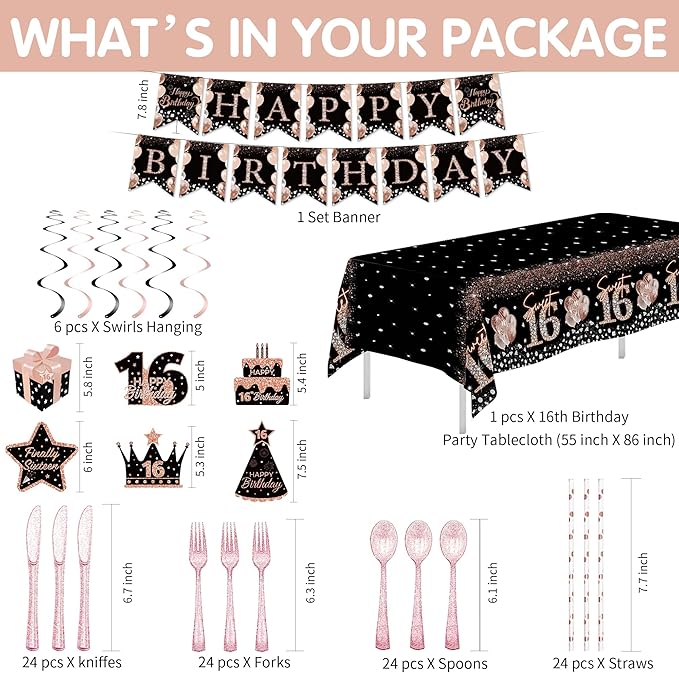 Sweet 16 Birthday Decorations for Girls, Black and Rose Gold Happy 16th Birthday Party Supplies Tableware, Paper Plate, Napkin, Cup, Disposable Cutlery, Tablecloth, Banner, Swirls, Serves 24