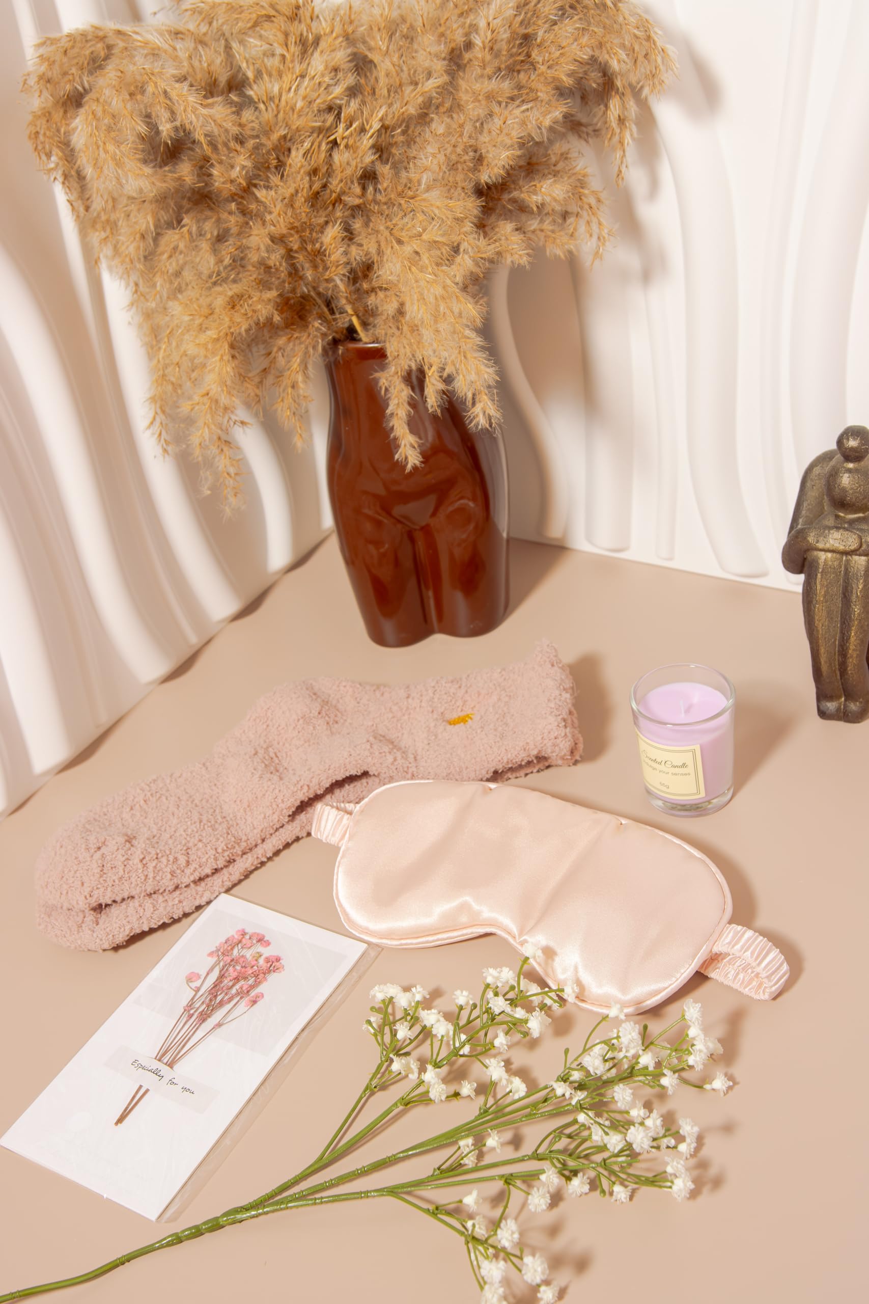 Spa Gift Set for Women – Self Care Gift Basket with Candle, Cozy Socks & Silk Eye Mask – Birthday Gifts for Women, Stress Relief, Relaxation Gifts for Her, Mom, Wife (Blush Pink)