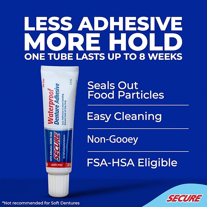 Secure Waterproof Denture Adhesive - Zinc Free - Extra Strong Hold For Upper, Lower or Partials - 1.4 oz (Pack of 8)