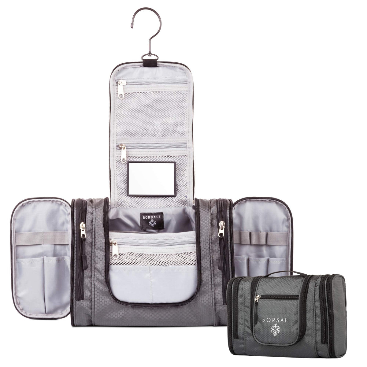 BORSALI Hanging Toiletry Bag for Women with Mirror - Medium Travel Bag for Toiletries & Travel Essentials - Compact Yet Roomy - 22 Compartments & Mesh Back Pocket - Sturdy Swivel Hook