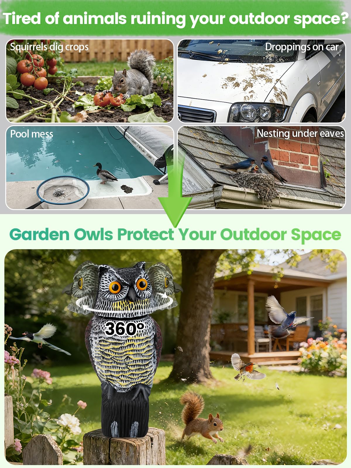 Owl Decoys to Scare Birds Squirrels Away, 360 Rotating Head Activated