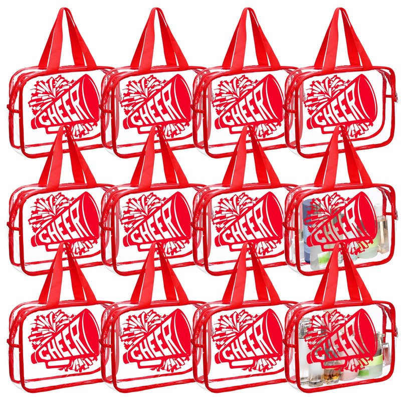 Kacctyen 12 Pcs Cheer Large Clear Toiletry Cosmetic Makeup Bag with Zipper and Handle Cheer Snack Bag Bulk for Team 12 x 9 x 4 Gift Bags Tote Pouch Cheerleading Teammates Party Supplies(Red)