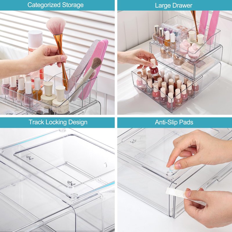Vtopmart 3 Tier Clear Makeup Organizer with Drawer, Cosmetic Storage for Dresser Countertop and Bathroom Vanity, Beauty Holder for Lipstick Brush Skincare