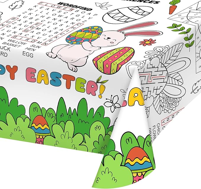 Gatherfun Disposable Easter Color-in Paper Tablecloth Decoration，Happy Easter Paper Table Cover for Children School Party Decor-54 x 88 in，1 pcs