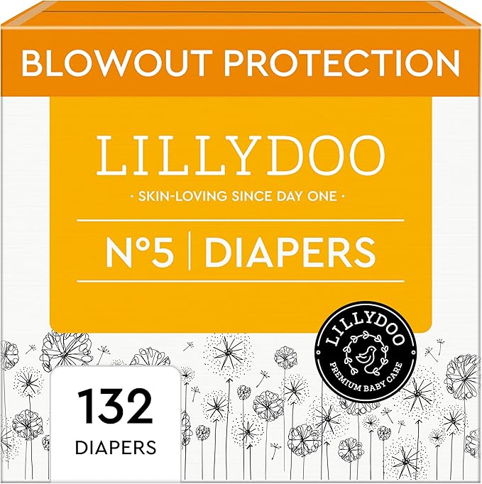 LILLYDOO Baby Diapers - Size 5 (24-35 lbs), Monthly Supply (132 Count), Leak Protection, Skin-Friendly, Ultrasoft, Perfume- & Chlorine-Free, Hypoallergenic, dermatologically Tested, Oeko-TEX®