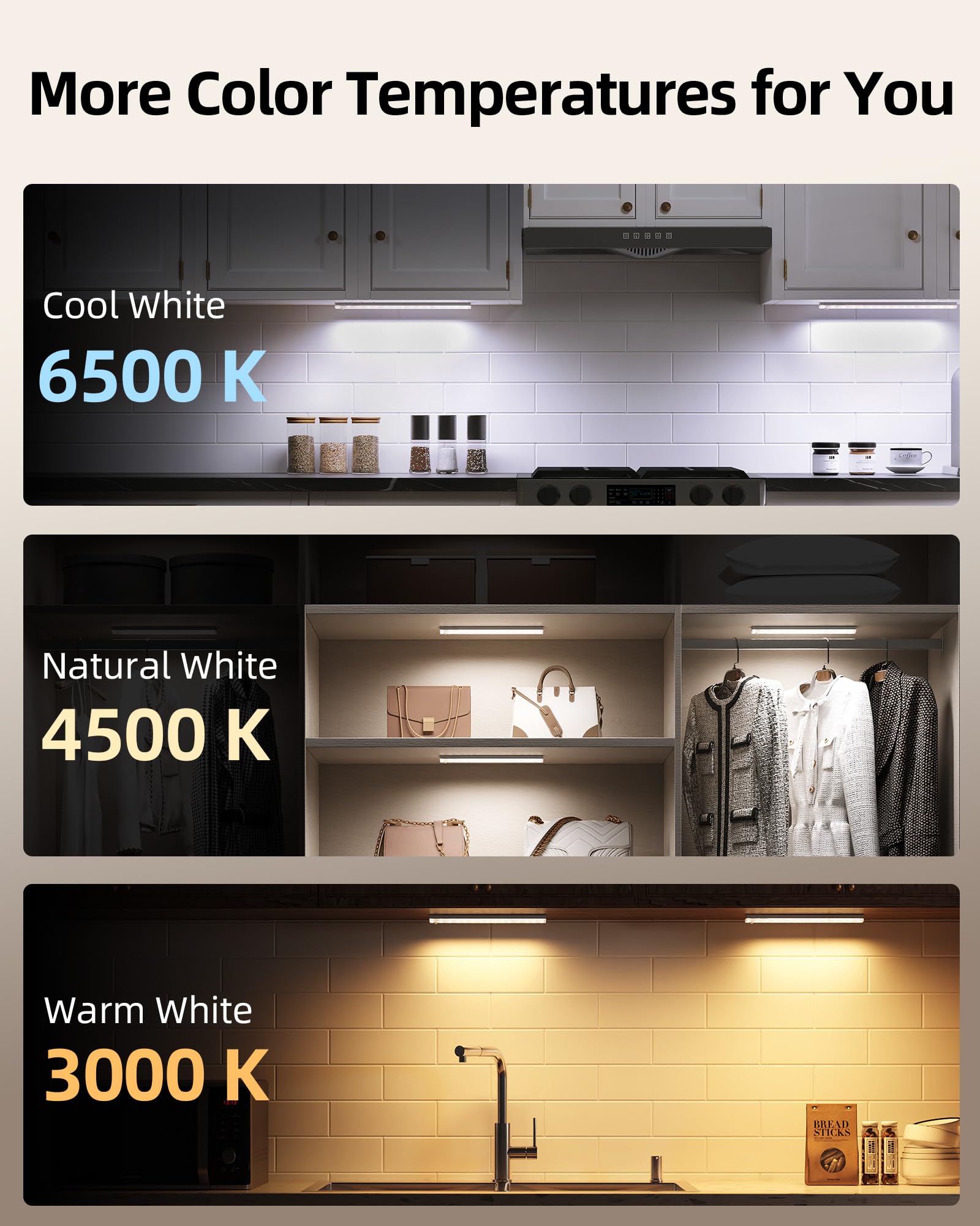 EZVALO 6-Pack Under Cabinet Lighting, 2000mAh Rechargeable Wireless Motion Sensor Lights, 62LEDs, 3 Color Temps, Dimmable, Timer, Magnetic, with Remote Control for Kitchen, Closet, Stair