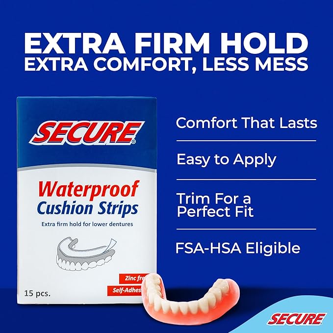 Secure Denture Adhesive Strips – Zinc Free – Waterproof – Comfortable Cushion Fit for Lowers – Extra Firm All-Day-Hold – No Mess – Clean Ingredients – 60 Strips (4 Pack)