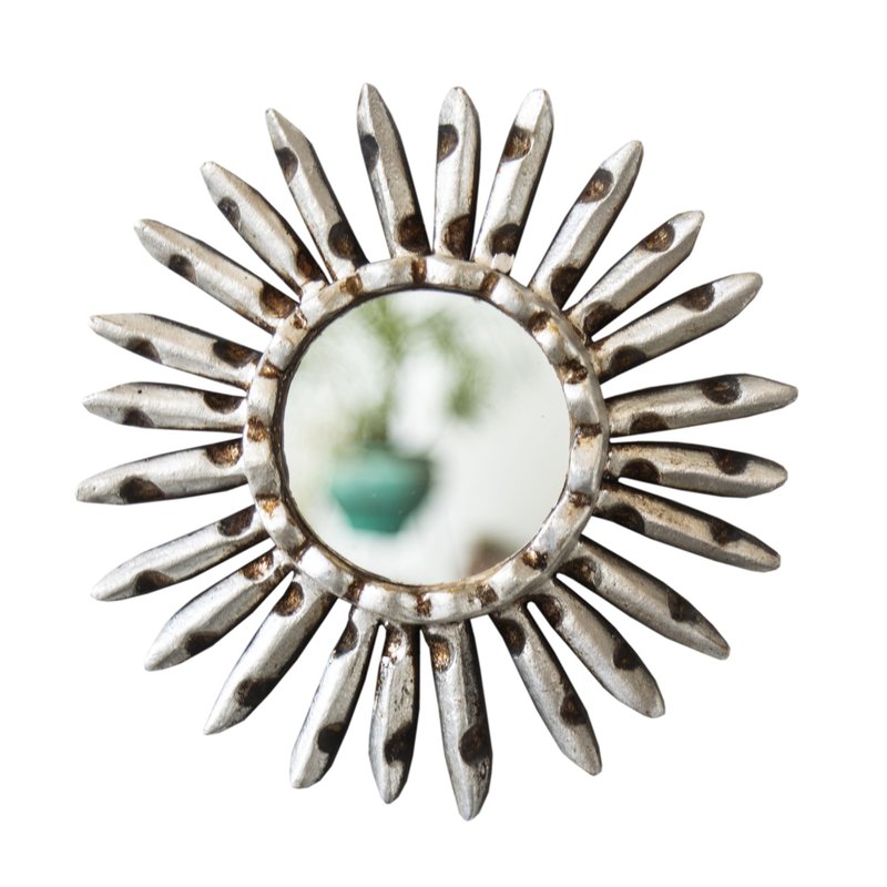 DecorContreras Small Sunburst Mirror with Silver Leaf Finish - Peruvian Carved Wood Round Mirror for Wall Art - Unique Gift for Her or Home (Silver)