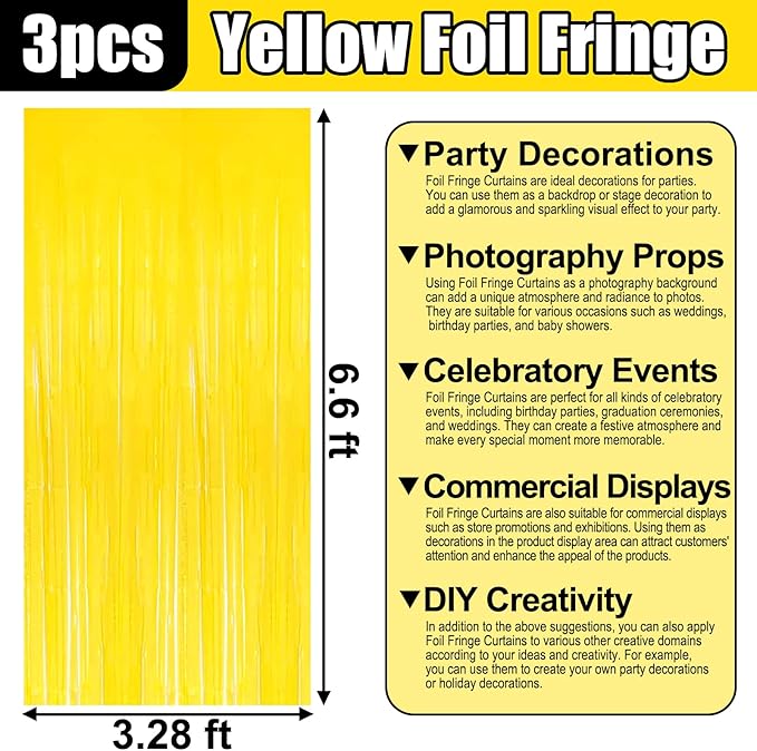 3 Pack Macaron Yellow Foil Fringe Curtain Backdrop, 3.28Ft x 6.6Ft Metallic Tinsel Foil Fringe Streamer Curtains for Photo Booth, Christmas Day, Thanksgiving, Wedding, New Year Party Decorations