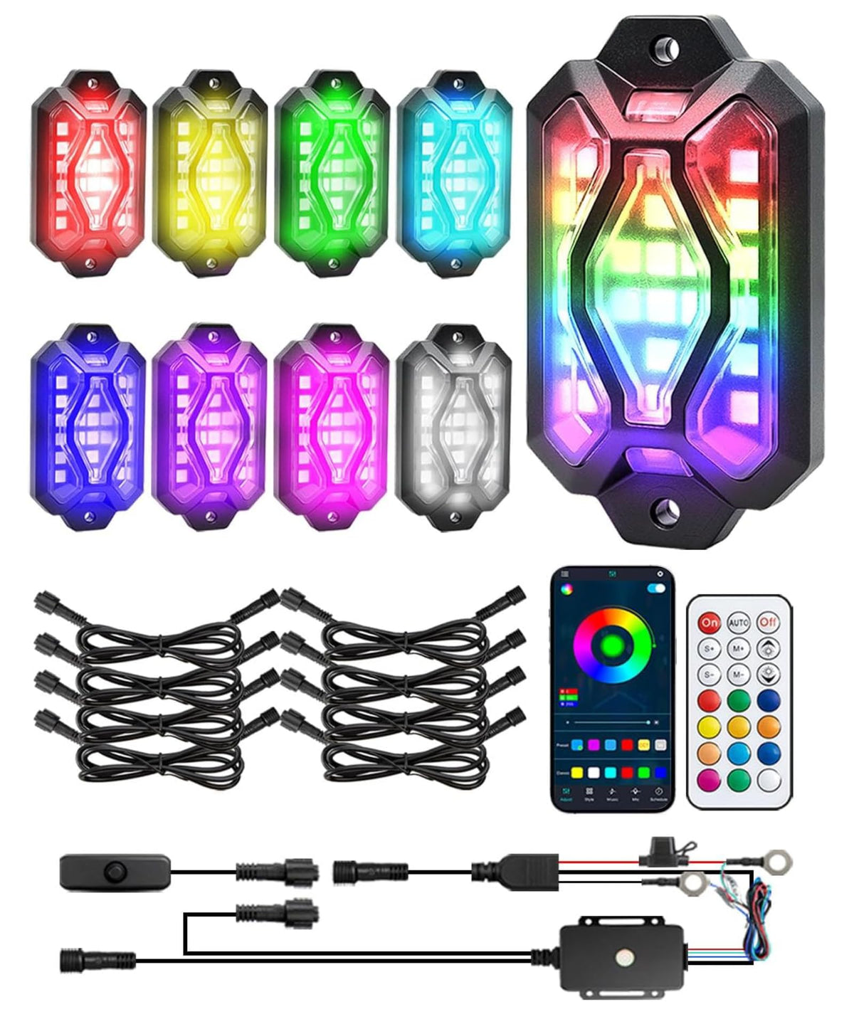 KANGIKX 8 Pods RGB LED Rock Lights - Five-Sided Underglow Kit with Brake & Turn Signals, App/Remote, Music Sync, Waterproof for