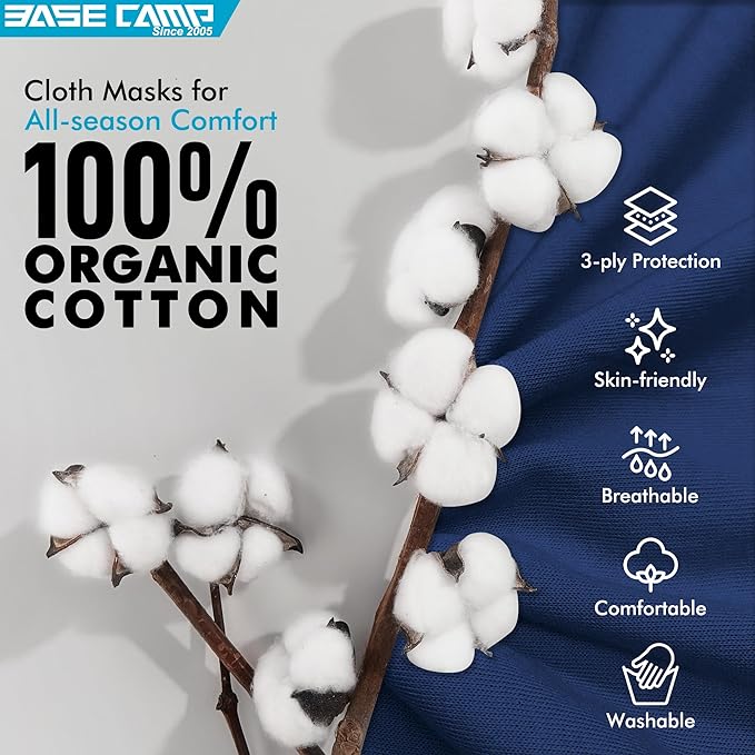 BASE CAMP Reusable Cloth Dust Face Masks 100% Cotton Washable Adjustable Breathable Fabric Mask with Filter Pocket