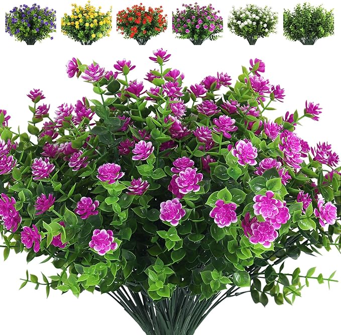 RECUTMS 8 Bundles Artificial Flowers Outdoor UV Resistant Plants Fake Greenery Foliage Shrubs for Indoor Outside Hanging Plants No Fade Faux Plastic Plants Garden Porch Window Box Décor (Fuchsia)