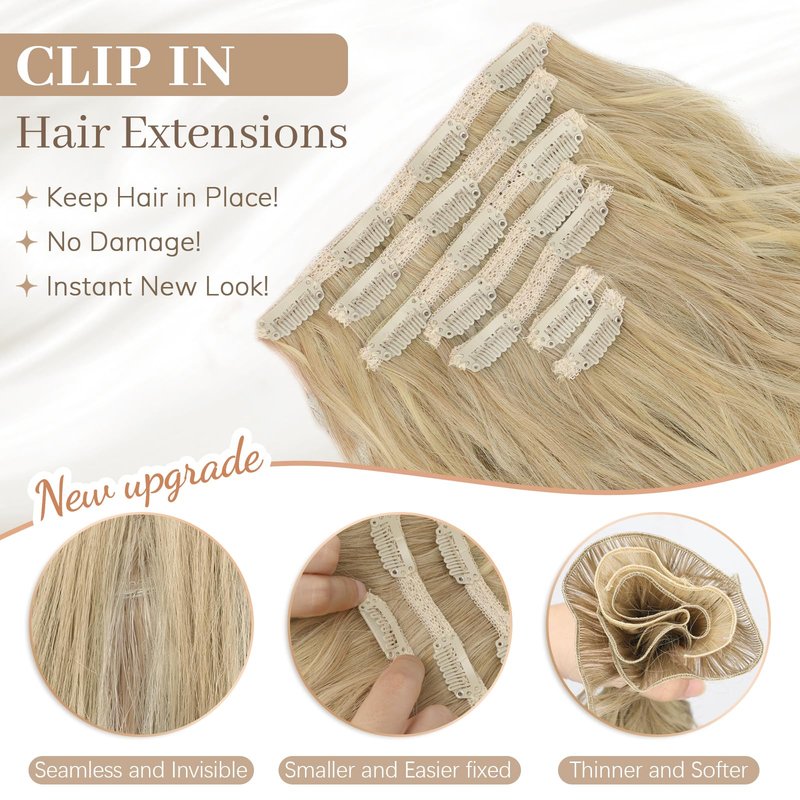 KooKaStyle Hair Extensions, 7PCS Clip in Long Mermaid Wavy Hair Extensions Thick Natural Hairpieces Double Weft for Women Full Head (20 Inch, Dirty Blonde)