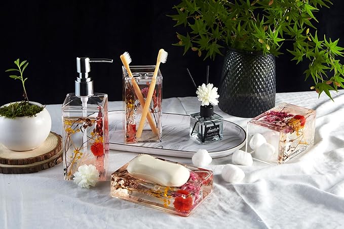 Locco Decor 4 Piece Acrylic Liquid 4D Floating Motion Bathroom Vanity Accessory Set Garden Botanic Pink Plants Toothbrush Holder, Tumbler, Soap Dispenser, Soap Dish