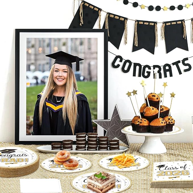 2026 Graduation Party Decorations Set - 200Pcs White Gold Class of 2026 Graduation Plates and Napkins Disposable Tableware for College High School Congrats Graduation Party Supplies, Serves 50