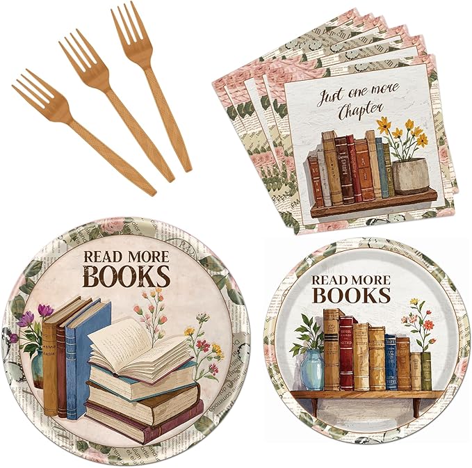 Rakuto Book Themed Party Tableware Decorations, 96PCS Book Club Paper Plates Napkins and Forks, Library Reading Club Party Decor, Serve 24