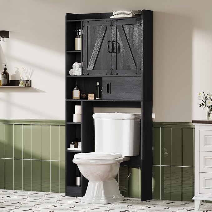 ChooChoo Over The Toilet Storage Cabinet, Farmhouse Bathroom Storage Cabinet with Sliding Door, Over Toilet Storage with Adjustable Shelves, Space-Saving, Black