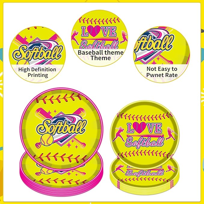 Rakuto Softball Party Decorations Supplies, 96PCS Party Paper Plates Napkins Forks Softball Plates Dinnerware, Sports Birthday Baby Shower Tableware Set (24 Guests)