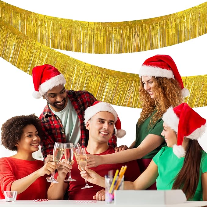 4 Packs 10 Feet Long Laser Gold Foil Fringe Garland Shiny Metallic Tinsel Table Skirts Wall Hanging Banner for Car Parade Birthday Parties Floats Wedding Baby Shower Bachelorette Garden Decorations