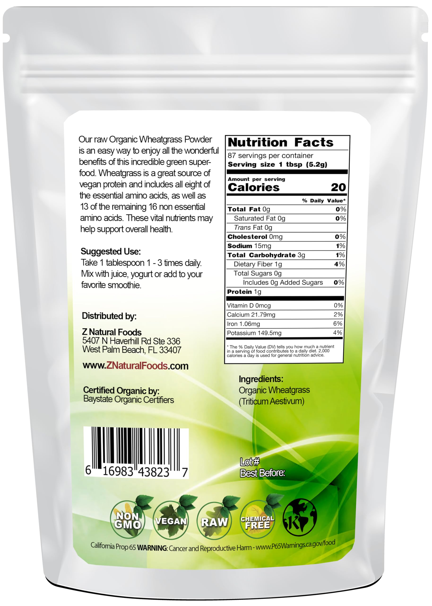Z Natural Foods Organic Wheatgrass Powder, Green Superfood Powder for Smoothies, Juices, Shakes, and Recipes, Nutrient-Rich Powder, 100% Pure, Raw, Non-GMO, Vegan, Gluten-Free, 87 Servings, 1 lb
