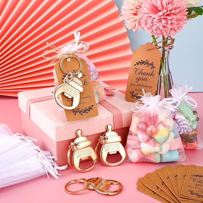 CHENGU Popping Bottle Openers Baby Shower Return Favors for Guests Bottle Opener Decorations and Souvenirs with Organza Bags Thank You Tags for Theme Party Favors (Key Chain Style,73 Pieces)