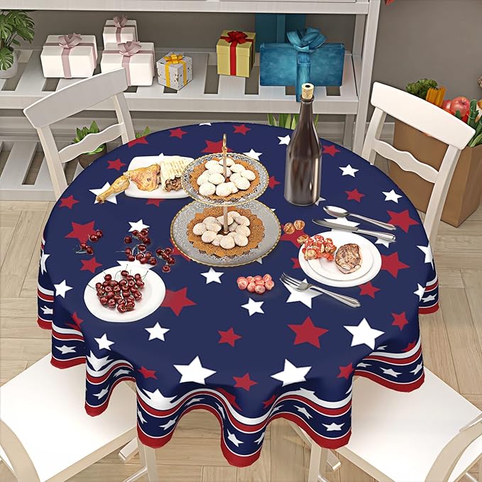 4th of July Tablecloth Round 70 Inch Patriotic Independence Day American Flag Table Cloth Washable Navy Blue Memorial Day Table Cover for Kitchen Dinner Room Holiday Picnic Party Indoor Outdoor Decor