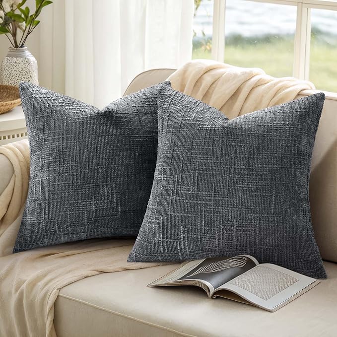 decorUhome Dark Grey Chenille Throw Pillow Covers 22x22 Set of 2 Thick Textured Slubby Couch Pillow Covers Farmhouse Accent Modern Neutral Decorative Pillow Cases for Bed Sofa Living Room