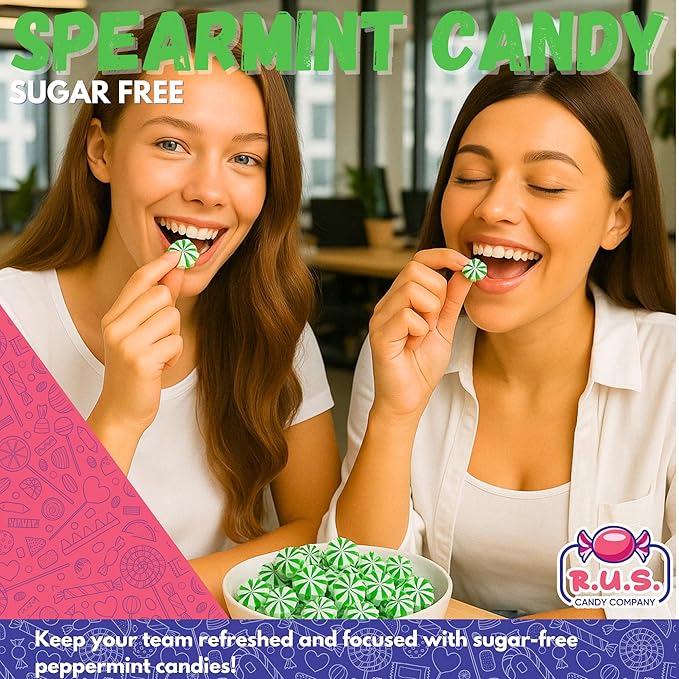 Sugar Free Spearmint Hard Candy – About 150 Individually Wrapped Breath Mints – Bulk 2 Pound Bag – Refreshing Mint Flavor – Ideal for Diabetics and Health Conscious Individuals (2 Pound, Spearmint)
