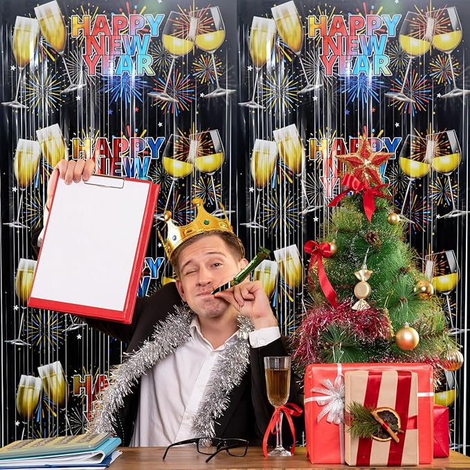 GOER Foil Curtain Backdrop for New Year Eve Party Decorations| Metallic Tinsel New Year Theme Photo Booth Props (5 Pcs)