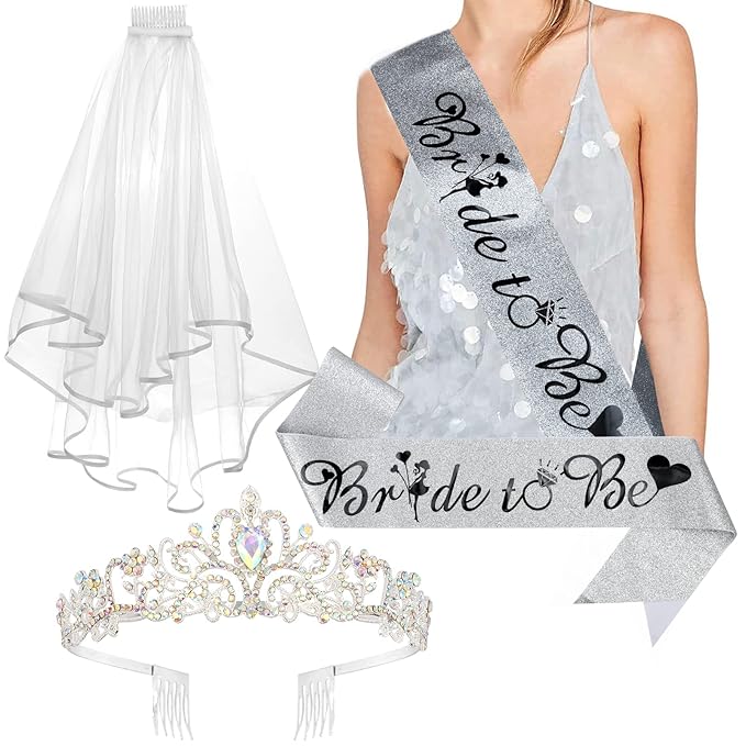 CIEHER Crystal Crown + Bride To Be Sash + Veil Set, Bachelorette Party Favors Bridal Shower Decorations
