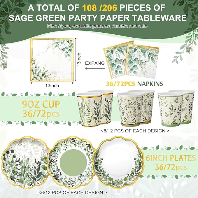 Yungyan 216 Pcs 72 Guests Greenery Plates and Napkins Party Supplies Sage Green and Gold Scalloped Disposable Eucalyptus Paper 6" Plates, Napkins and 9 oz Cups Set for Baby Shower Wedding Decoration
