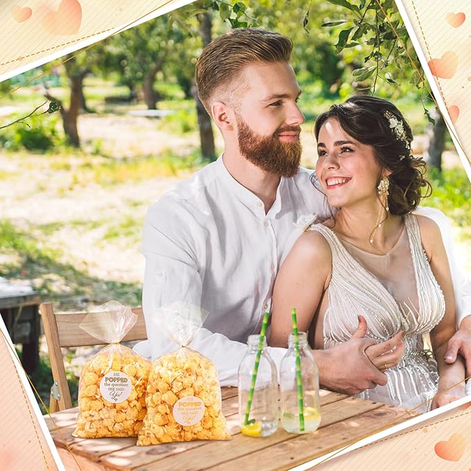 AIOMOB 100 Pack He Popped the Question Popcorn Bags Engagement Party Favors Decorations She Said Yes Sticker Clear Popcorn Favor Bags for Engagement Party Bridal Shower Wedding Supplies