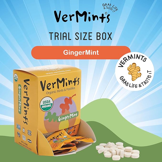 VerMints Organic Breath Mints GingerMints – Real Ginger Flavored Candies - Individually Wrapped Travel Size - Non-GMO, Nut Free, Gluten Free, Vegan, Kosher & Organic Candy Mints - 100 Packets