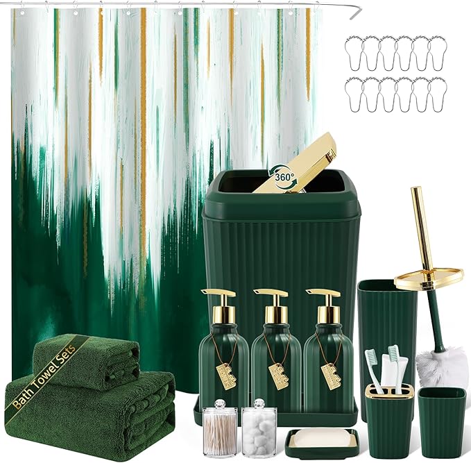 32PCS Bathroom Accessory Set Green Bathroom Accessories Bathroom Set, Shower Curtain Set, 2 Piece Bath Towel Set, 3PC Soap Dispenser, Toilet Brush & Trash Can