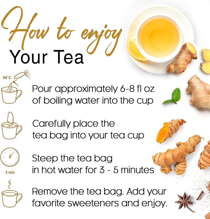 FloraBliss 50 Bags Premium Turmeric Ginger Cinnamon Tea with Upgraded Chamomile, Extra Strength 2.2g/Bag, 100% Natural, Caffeine-Free, Vegan, Eco-Friendly, Supports Digestion, Relaxation