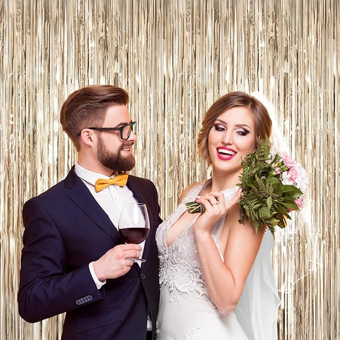 2Pack Champagne Gold Foil Fringe Backdrop Curtains, Tinsel Door Streamers, Fringe Backdrop for Birthday Decorations Graduation New Years Eve, Wedding, Baby Shower, Gender Reveal, Disco Party Decors