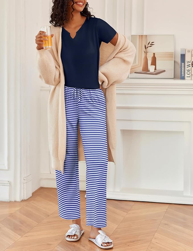Ekouaer 2 Piece Womens Pajamas V Neck Short Sleeve Top and Long Pants Pjs Print Lounge Set Sleepwear