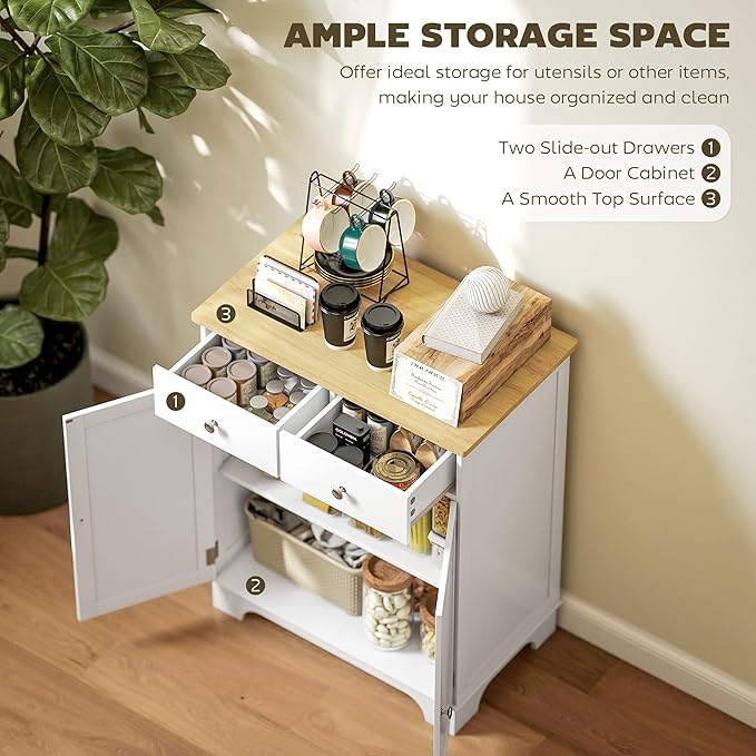 HOMCOM Sideboard with Solid Wood Countertop, Modern Kitchen Storage Cabinet, Coffee Bar Cabinet with 2 Drawers, Doors and Adjustable Shelf, White