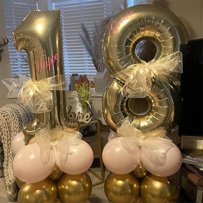 Light Gold Number 18 Birthday Balloons, 40 Inch Large Champagne Gold Foil Number 1 & 8 Balloons for 18 Year Old Boys Girls, Gold 18th Birthday Balloons for Women Men Anniversary Party Decorations